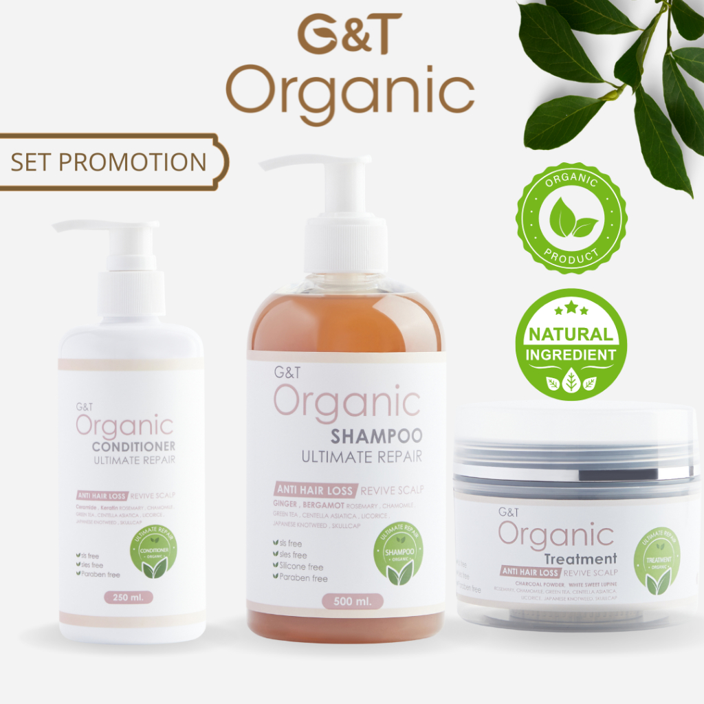 [ SET ] ชุดแชมพูออร์แกนิค ลดผมร่วง สูตรขิง+มะกรูด  G&T Organic Ultimate Repair (แชมพู + ครีมนวด+ ทรีตเม้นต์)