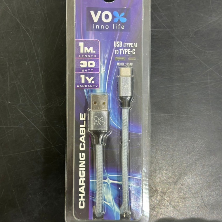 VOX สายชาร์จแบบถักและซิลิโคน 30W USB-A+TYPE-C สีดำ 1 เมตร รุ่น F5CAB-VXAC-S011, B031