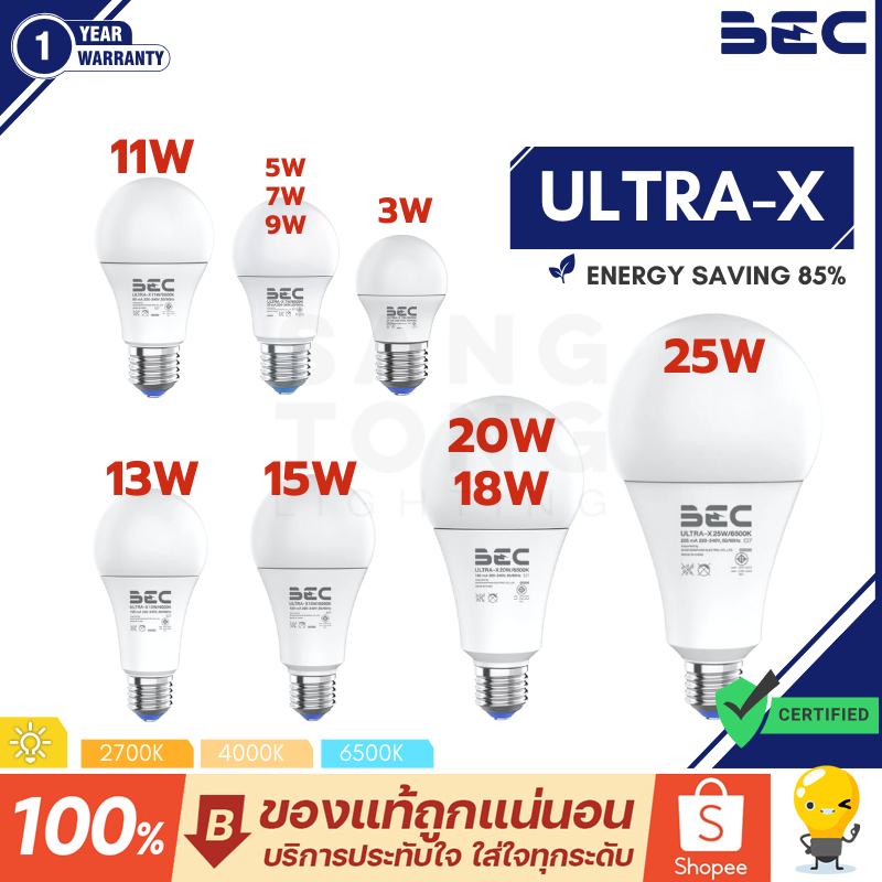 BEC หลอดไฟ LED รุ่น Ultra-X 3w 5w 7w 9w 11w 13w 15w 18w 20w 25w ประกัน1ปี ขั้ว E27 หลอดแอลอีดี