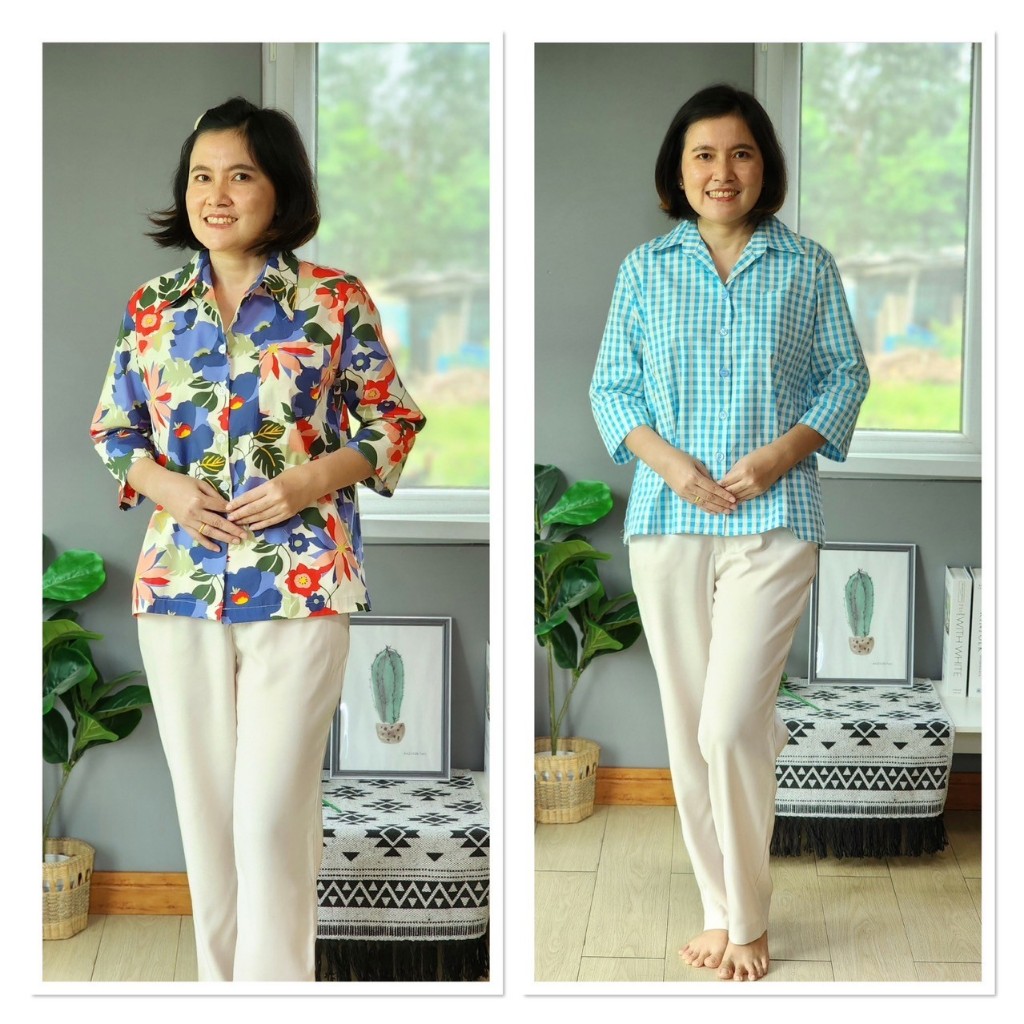 Tissara เสื้อเชิ๊ตแขนสามส่วน ทรงเอวตรง ผ่าข้าง มีกระเป๋าหน้าอก ผ้าคอตตอน 100 % โทนสีฟ้า ใส่ได้ทุกโอกาส