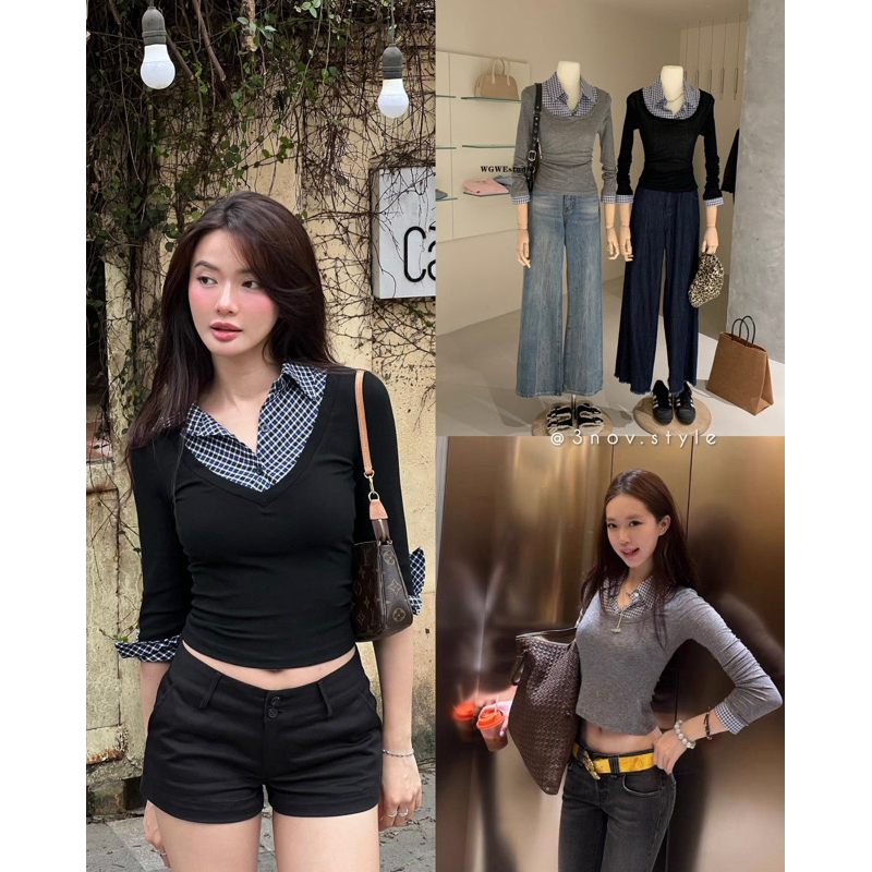 WG.WE : เสื้อคอปกแขนยาว แต่งผ้าสองชั้นเย็บติดกัน เนื้อผ้านิ่ม ทรงเข้ารูป ยืดหยุ่นได้ดีค่ะ