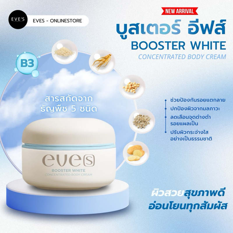 [NEW] EVE’S บูสเตอร์ฟ้า(สูตรใหม่) รอยแตก รอยดำ เหมาะสำหรับคุณแม่ – BOOSTER WHITE CONCENTRATED ราคา ถูกที่สุด ดีลบีเคเค รูปภาพหลัก