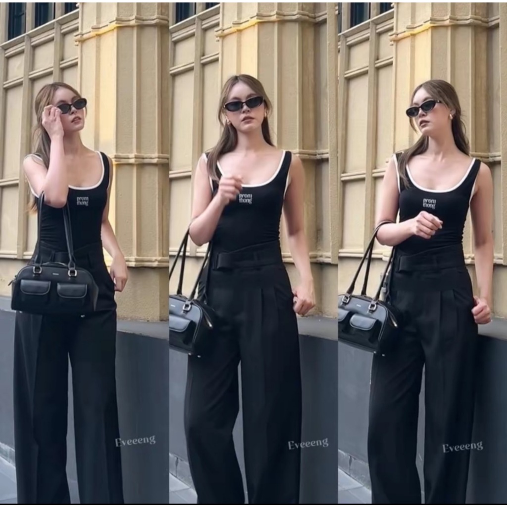 A027 กางเกงรุ่น Esther Pants By Eveeeng ผ้าไมลี่สลาฟ ทรงกระบอกใหญ่ ขอบยื่นตะขอหน้า ผ้าหนานุ่มทิ้งตัว ทรงเอว สูงเหนือสะดื