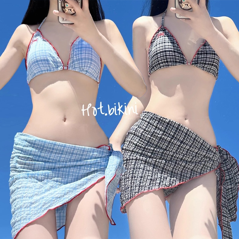 Hot.bikini ส่งไวจากไทย ชุดบิกินี่ ชุดว่ายน้ำ3ชิ้น ลายสก็อต มีฟองน้ำ ผูกคอ ผูกเชือก สไตล์เซ็กซี่