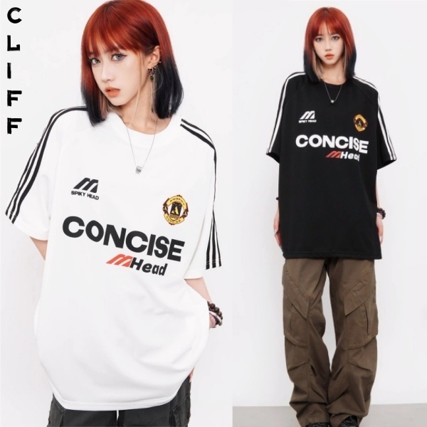 CLIFF แขนสั้นสำหรับผู้หญิง สไตล์อเมริกัน ชุดคู่รัก ขอบลาย เสื้อยืดคอกลม เสื้อผู้ชาย