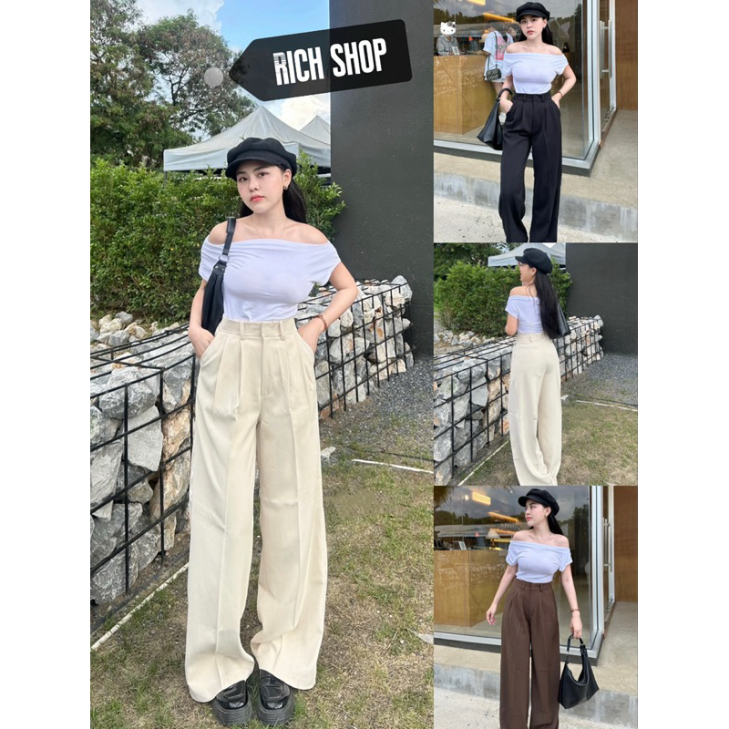 • BASIC PANTS LILLY • 🌈 กางเกงทรงกระบอกใหญ่ (ผ้าลิลลี่) จีบหน้า แต่งหูเข็มขัด ลุคเบสิค ✔️