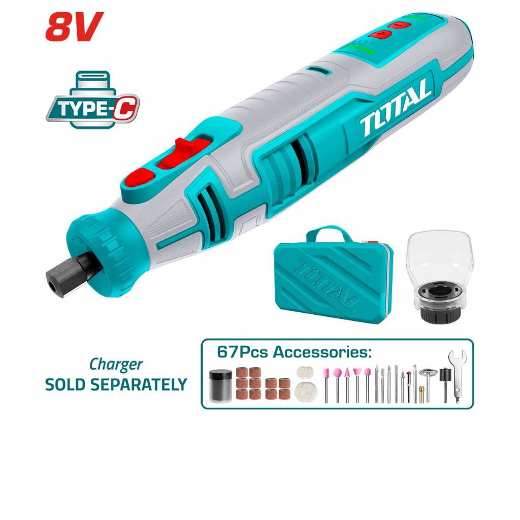 TOTAL ชุดเครื่องเจียร์พิมพ์มินิใช้แบตเตอรี่8V. รุ่น TMGLI0801 (ไม่มีสายชาร์จให้นะคะ ใช้หัวไทป์ซีค่ะ)