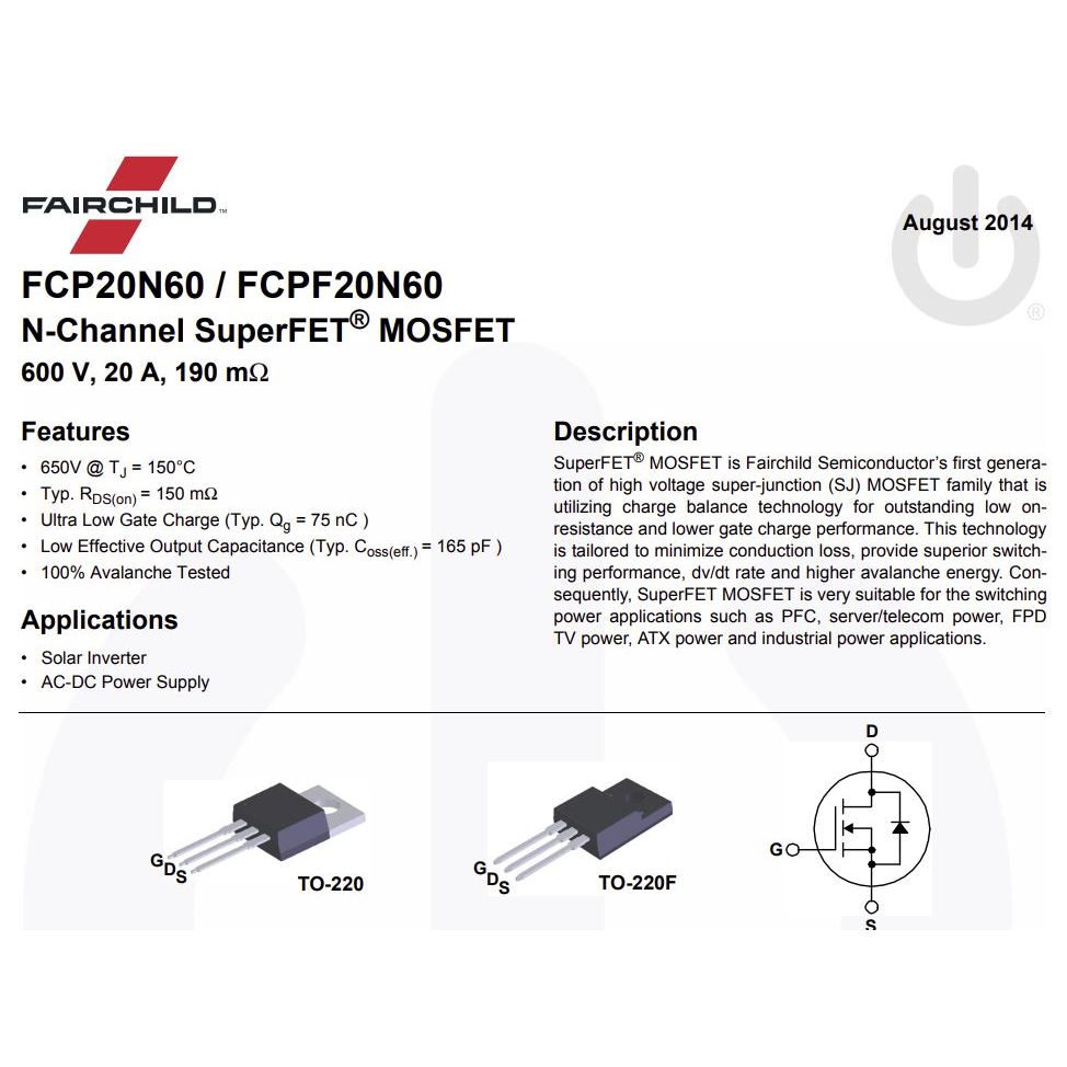 มอสเฟต FCP20N60 (จำนวน 10ชิ้น) 600V 20A 208W TO-220 ONSEMI / FAIRCHILD ของแท้