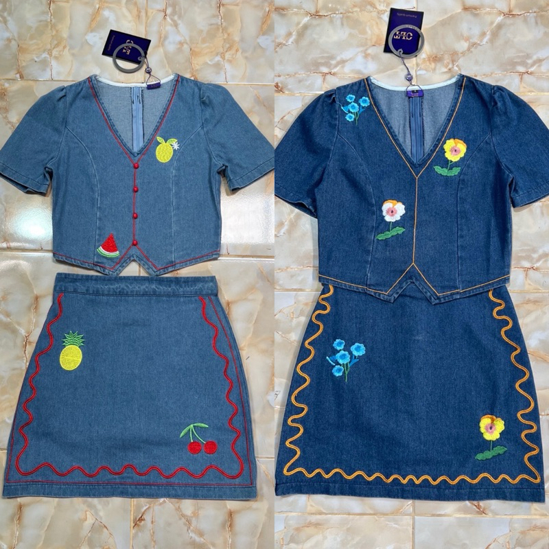 (s,m,2xl,3xl) ชุดเซตกระโปรงยีนส์ งานปักสวยๆ งานป้าย chalita