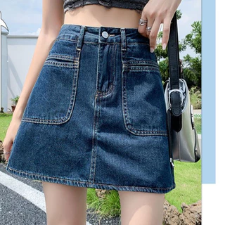 GHAOHES กระโปรงยีนส์สั้นสีน้ำเงิน มีซับใน ผ้าไม่ยืด กระโปรงมิดี้ผู้หญิงแบบเรียบวินเทจ AV99