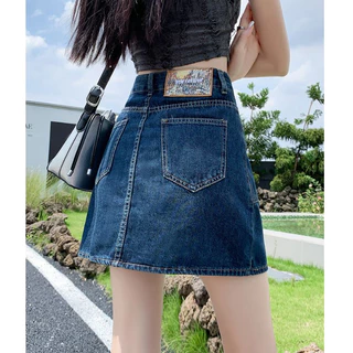 GHAOHES กระโปรงยีนส์สั้นสีน้ำเงิน มีซับใน ผ้าไม่ยืด กระโปรงมิดี้ผู้หญิงแบบเรียบวินเทจ AV99