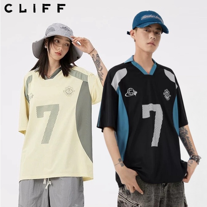 CLIFF เสื้อยืดผู้ชาย แขนสั้นสำหรับผู้หญิง เสื้อคอวี ชุดคู่รัก สไตล์อเมริกัน เรียบง่าย พิมพ์ลาย