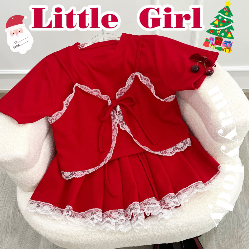 mayylody Little Girl Set เสื้อ / กระโปรง ( มีซับใน ) ดีเทลขอบลูกไม้ฟูฟู สไตล์เกาหลี ชุดสีแดง / คริสต์มาส