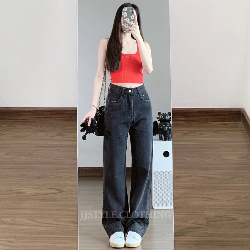 ยีนส์ขากระบอกสีดำ [พร้อมส่ง]