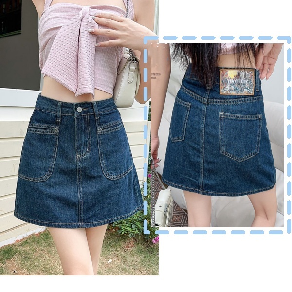 YODO กระโปรงสั้นสไตล์เกาหลี ทรงเอ ไซส์ใหญ่ สีน้ำเงินเข้ม เนื้อผ้ายีนส์นุ่ม BV99