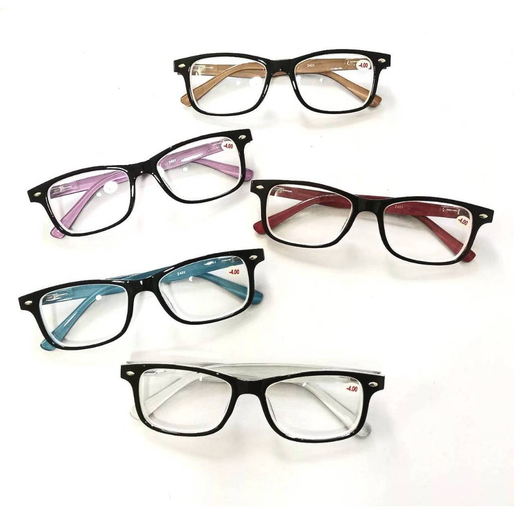แว่นสายตาสั้น ทรงเหลี่ยม ขาสปิง ค่าสายตา（ 50 ถึง 400  ）มี สีฟ้า สีแดง สีม่วง  สีน้ำตาล สีขาว1042