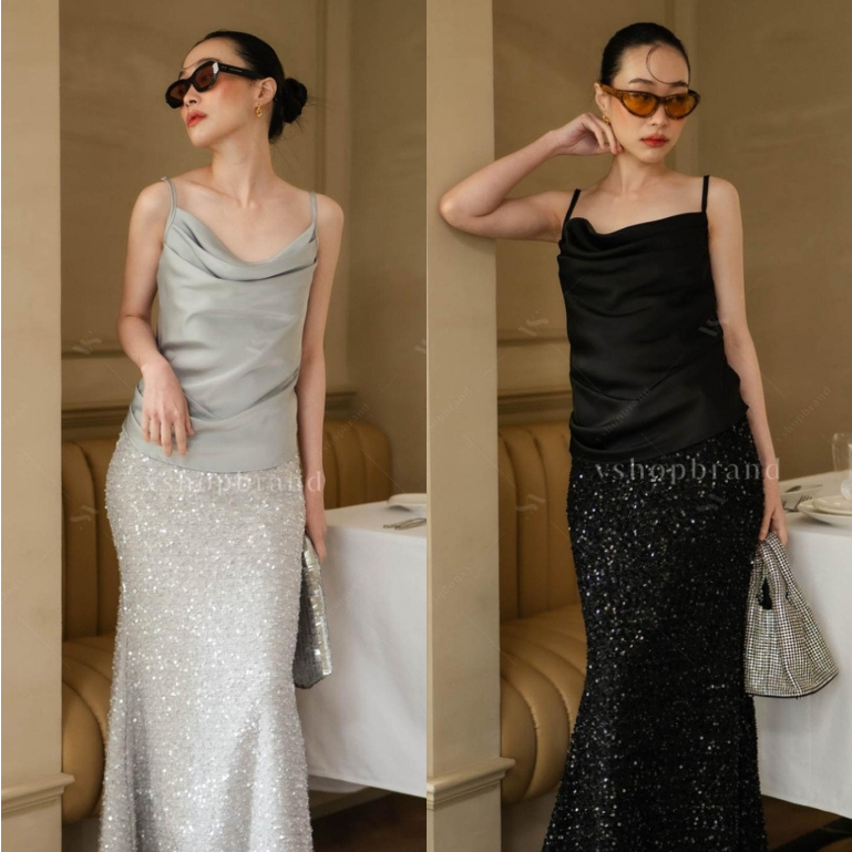 พร้อมส่ง Set เสื้อสายเดี่ยวคอถ่วงและกระโปรงยาวกลิตเตอร์ งานป้าย vshopbrand
