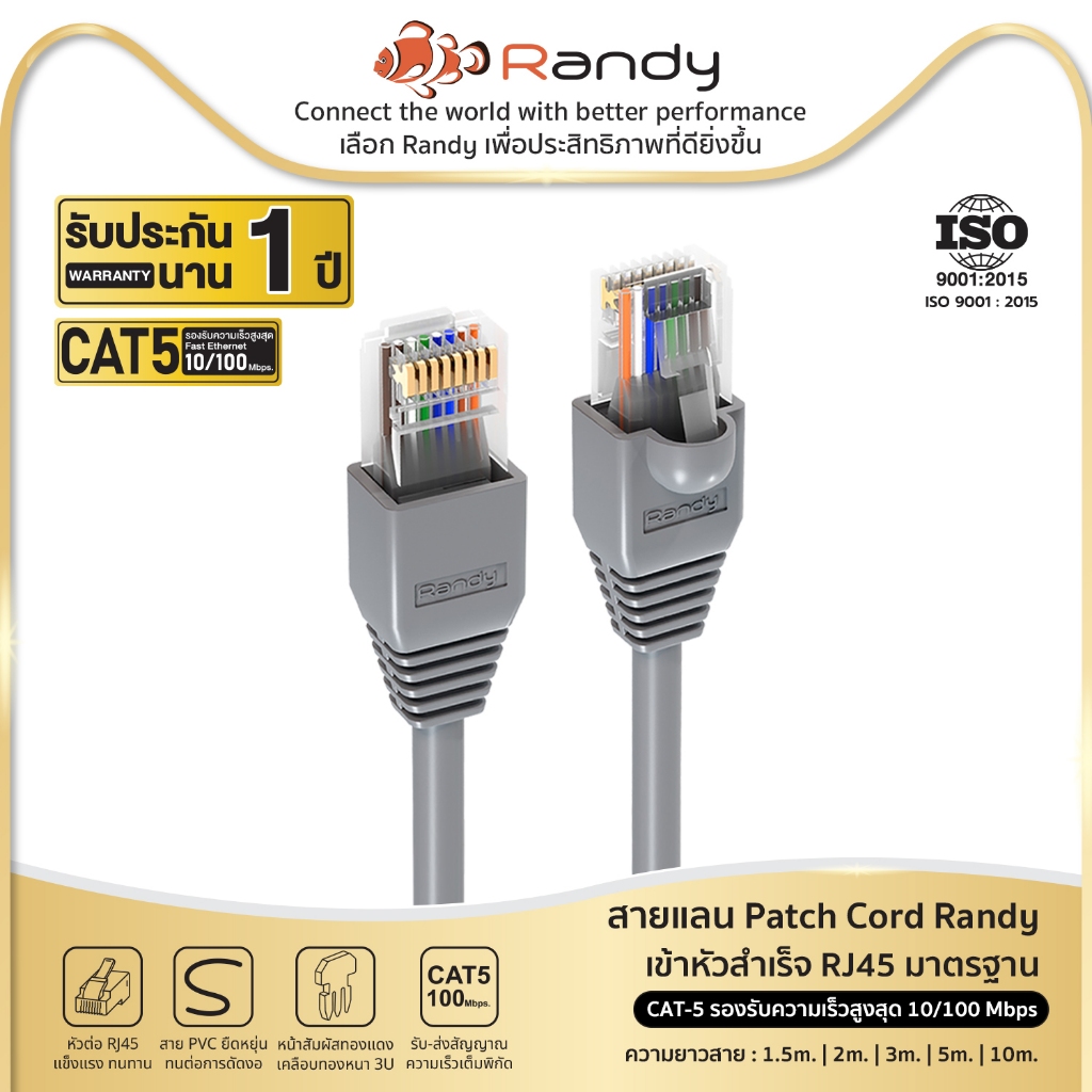 RANDY สายแลน Patch Cord เข้าหัวสำเร็จ หัวต่อ RJ45 มาตรฐาน Cat5 ความยาว 1.5m,2m,3m,5m,10m