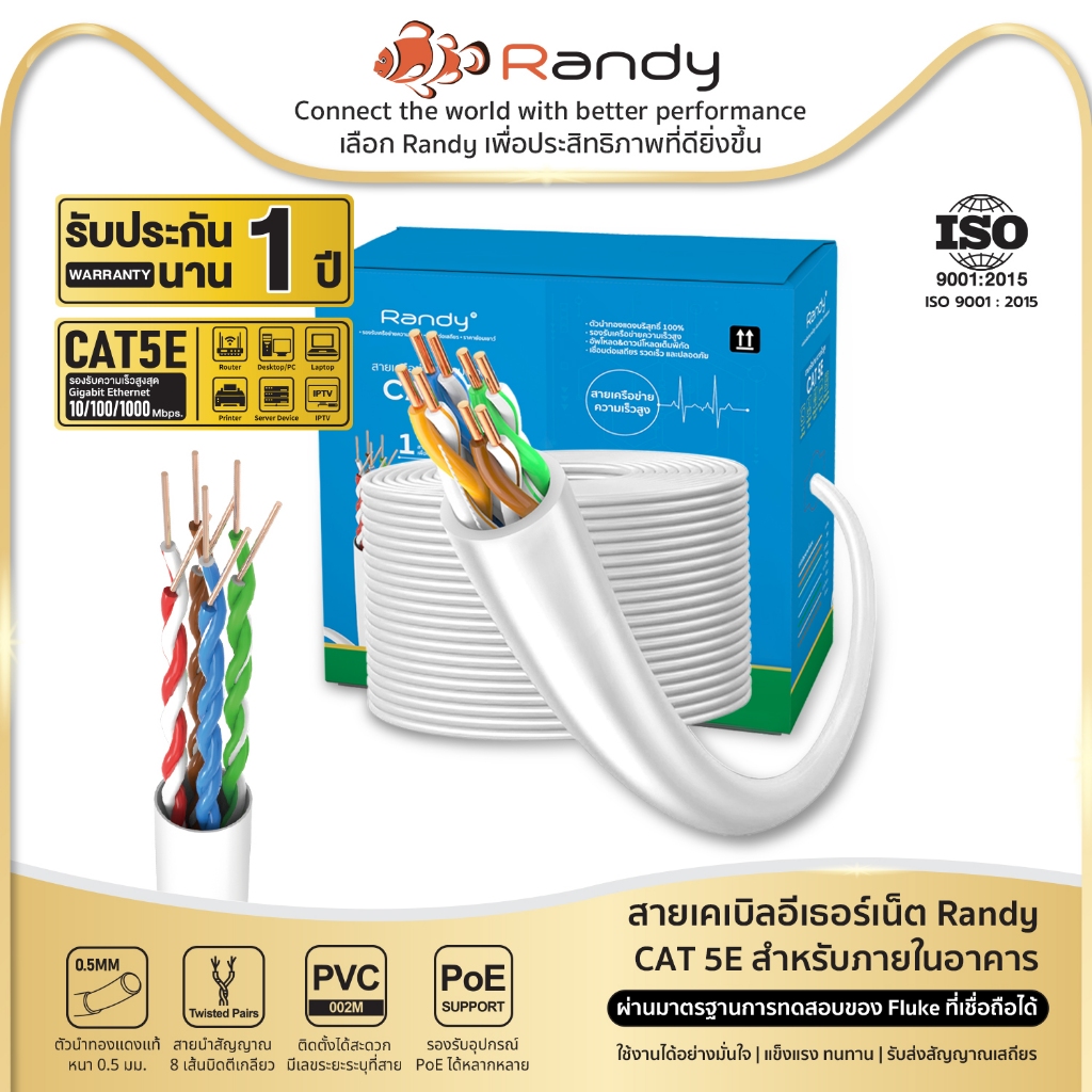 RANDY [CAT5E-100] สายเคเบิลอีเธอร์เน็ต ความเร็วสูง รองรับ 100Mbps -100เมตร สำหรับภายในอาคาร สายสีขาว