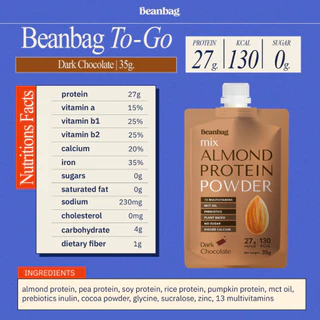 (สินค้าขายดี) Beanbag To Go 35g บีนแบ็กอัลมอนด์โปรตีน โปรตีนพืช แบบซองสะดวก พกพาง่าย เลือกรสชาติได้ ไม่มีน้ำตาล