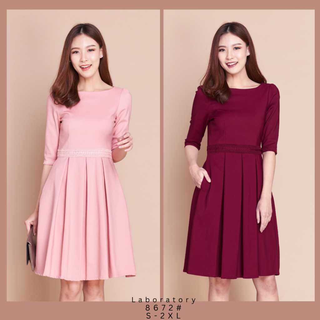 On sale เดรส 8672# เดรสแขนส่วนส่ามกีะโปรงจีบทวิต แต่งขอบเอว ปลายแขน ด้วยลูกไม้