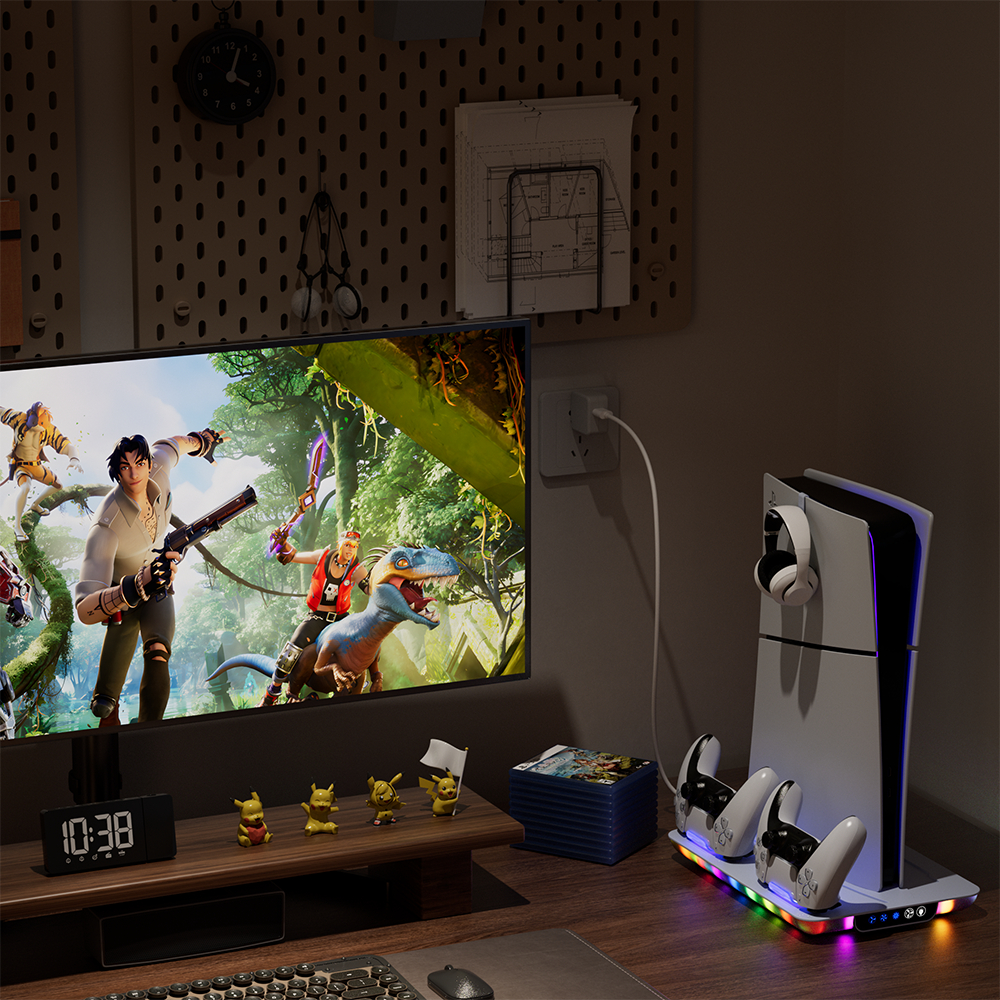 PS5/PS5 Slim ฮีตซิงก์เอนกประสงค์สำหรับเมนเฟรมพร้อมไฟบรรยากาศ RGB หลากสี แท่นชาร์จหูฟังคอนโทรลเลอร์ PS5/SLIM Digita&Disc