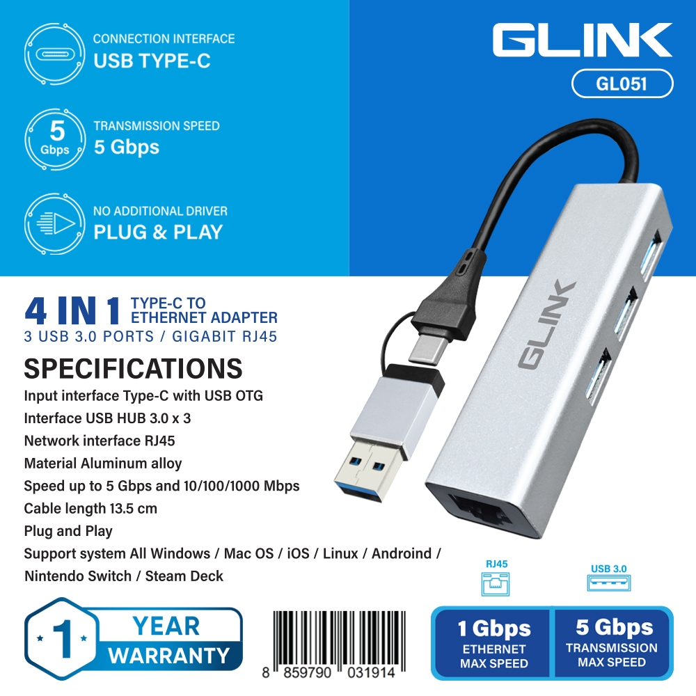 GLINK GL-051 USB3.0 + Type-C Hub+Gigabit Adapter อุปกรณ์เพิ่มช่องต่อ USB3.0+RJ-45 10/100/1000