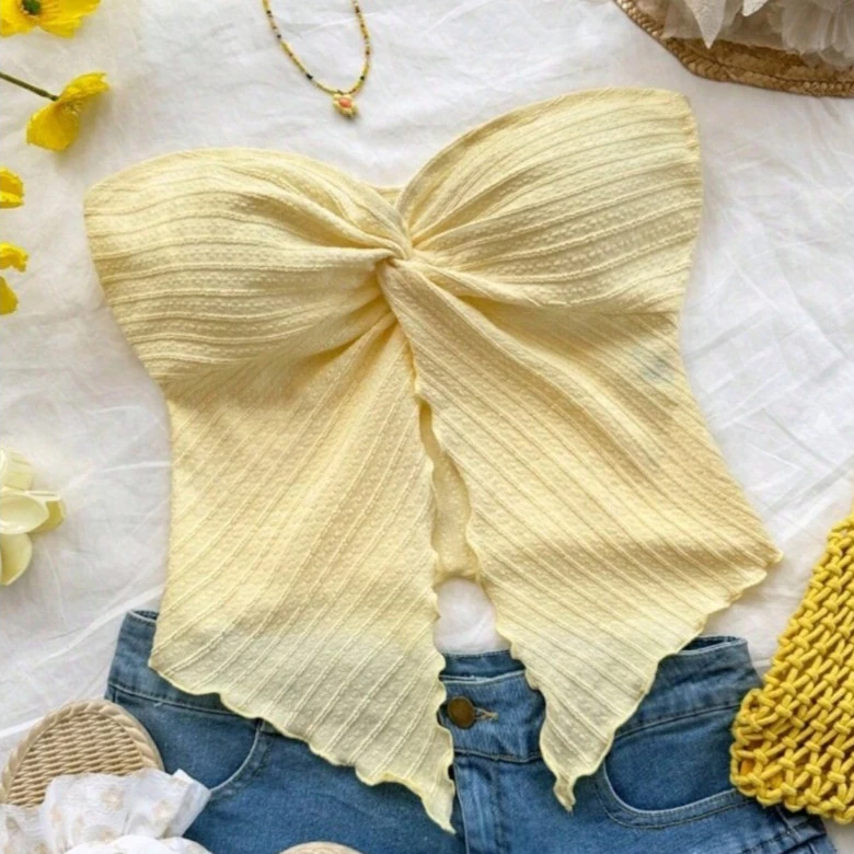 Crop TC2432 เสื้อเกาะอก อกทรงโบว์ ผ่าหน้า
