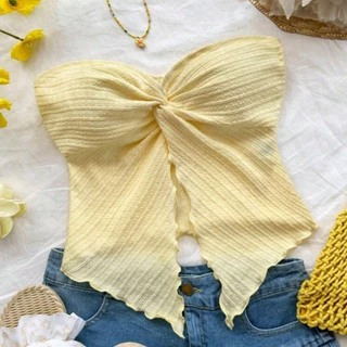 Crop TC2432 เสื้อเกาะอก อกทรงโบว์ ผ่าหน้า