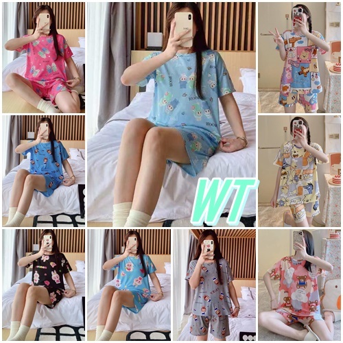 ราคาส่ง 53 บาท (ฟรีไซส์) ชุดนอน 50 ลายแบบการ์ตูนน่ารักเสื้อยืดแขนสั้น + กางเกงขาสั้น มีลายเยอะมาก DT