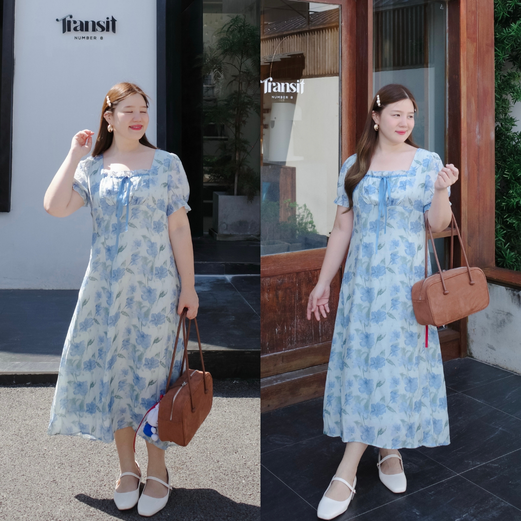 ( อกถึง 48") Blue Floral Dress เดรสสาวอวบ ชุดสาวอวบ