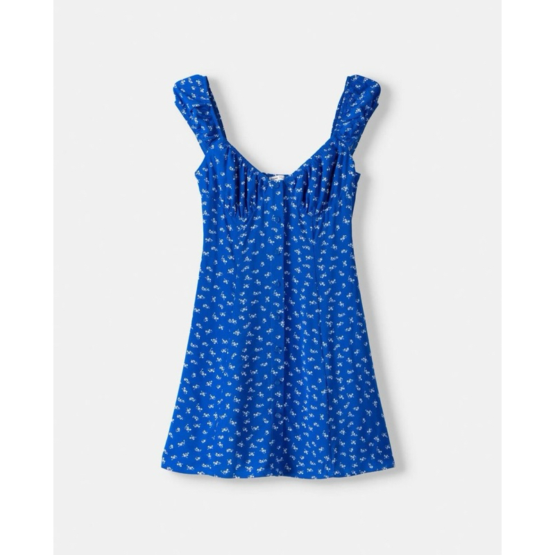 (ของแท้ ) BERSHKA Printed flounce mini dress with buttons เดรสสั้น สีน้ำเงิน