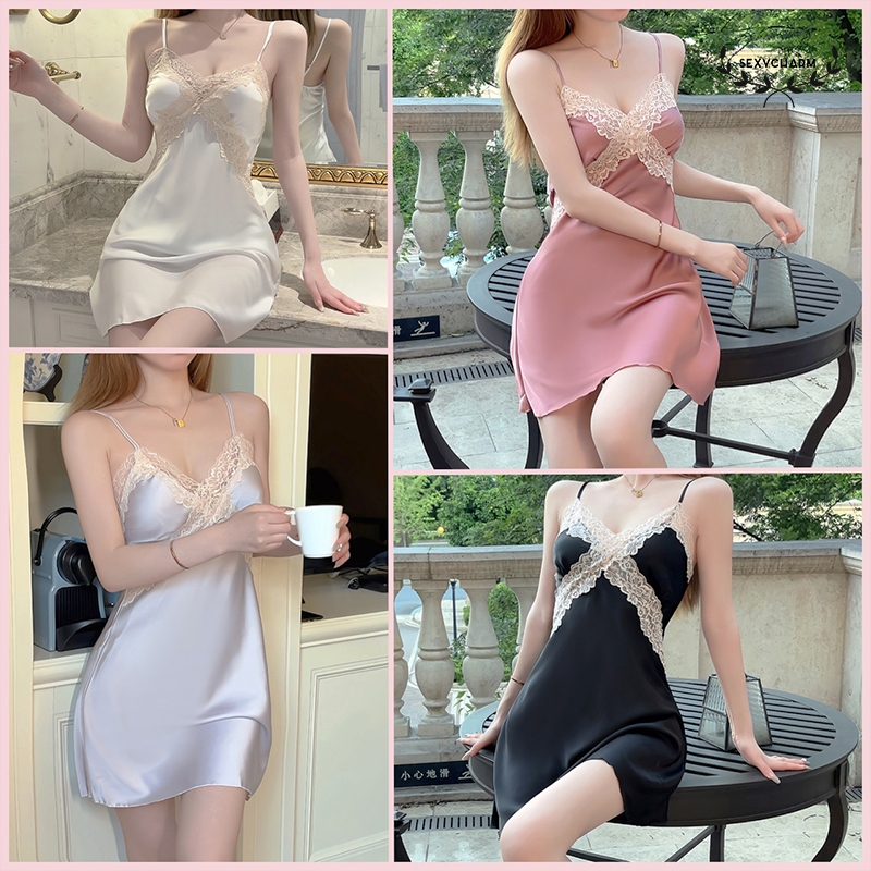 Sexy Charm🌺🌺 ชุดนอนผ้าซาตินสีพื้น ชุดนอนลูกไม้เซ็กซี่ คอวีลึก ผ้าใส่สบาย พร้อมส่งจากไทย