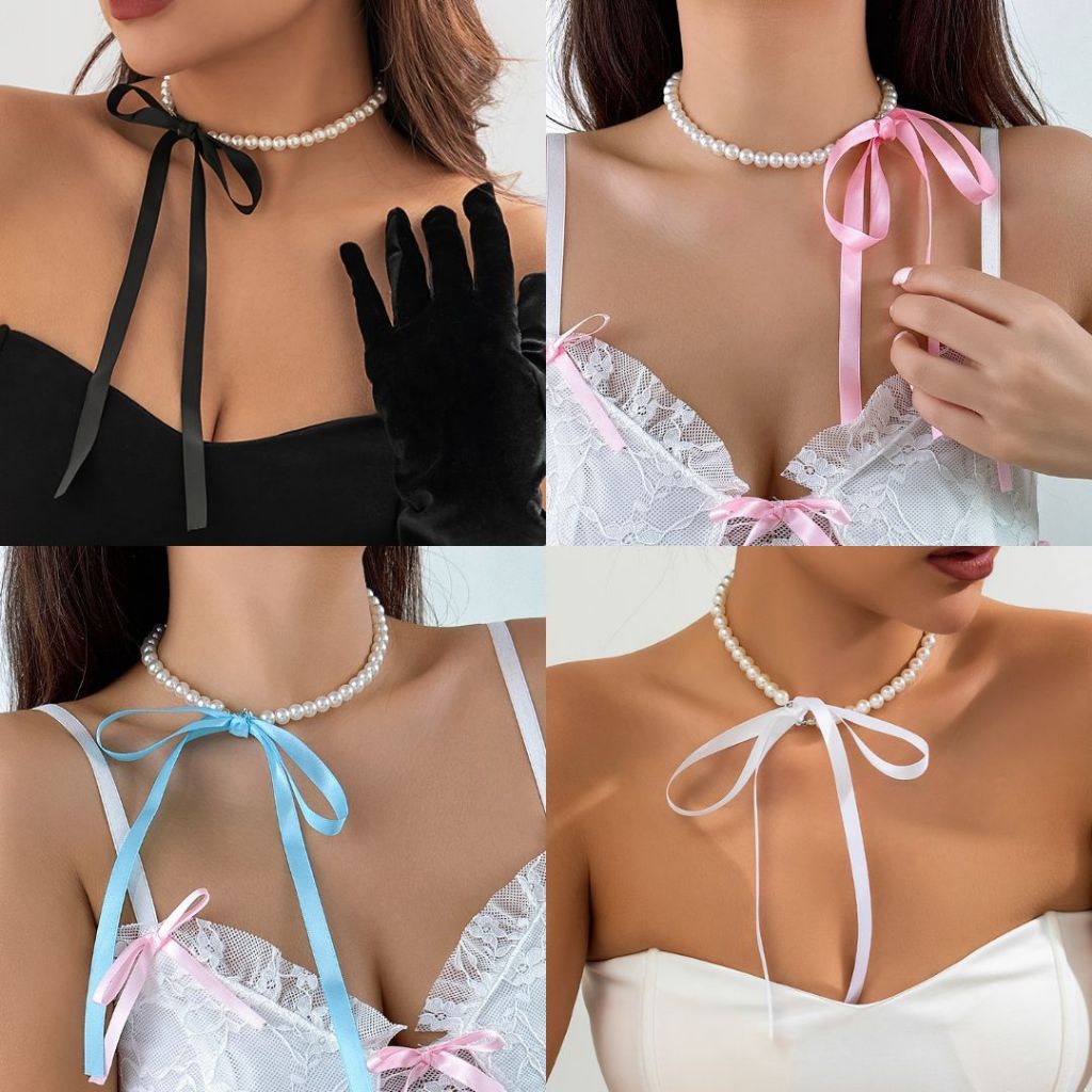 พร้อมส่งจากไทย สร้อยคอมุกห้อยโบว์ สร้อยคอ สไตล์สาวเวียดนาม ส่งไว