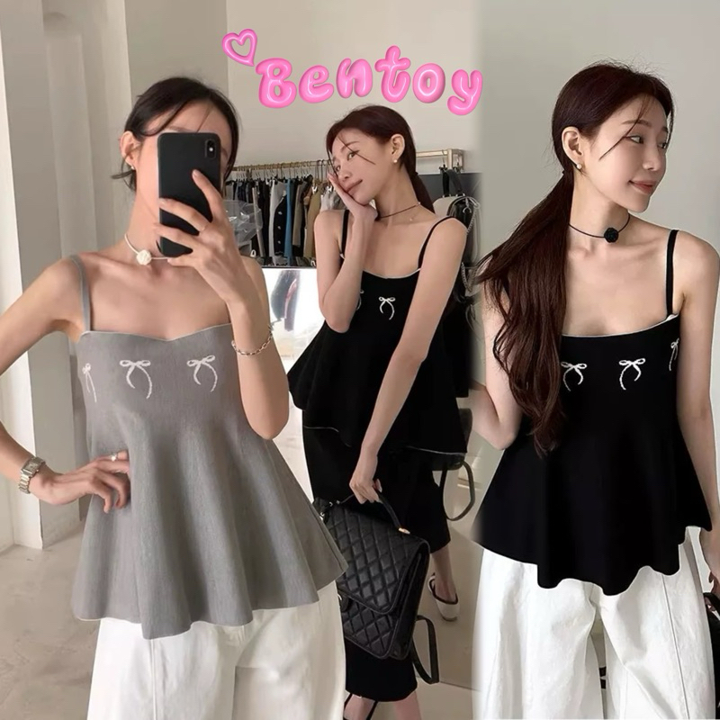 Bentoy(Y9909)เสื้อสายเดี่ยวไหมพรม ลายโบว์หน้าอก ปลายระบาย