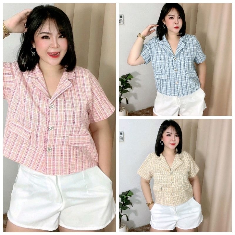 เสื้อสาวอวบปกเชิ๊ตผ้าทวิส แต่งกระเป๋าติดกระดุมหน้า ขนาดฟรีไซส์หน้าผ้า 48 นิ้ว รอบอก 40-46 นิ้ว