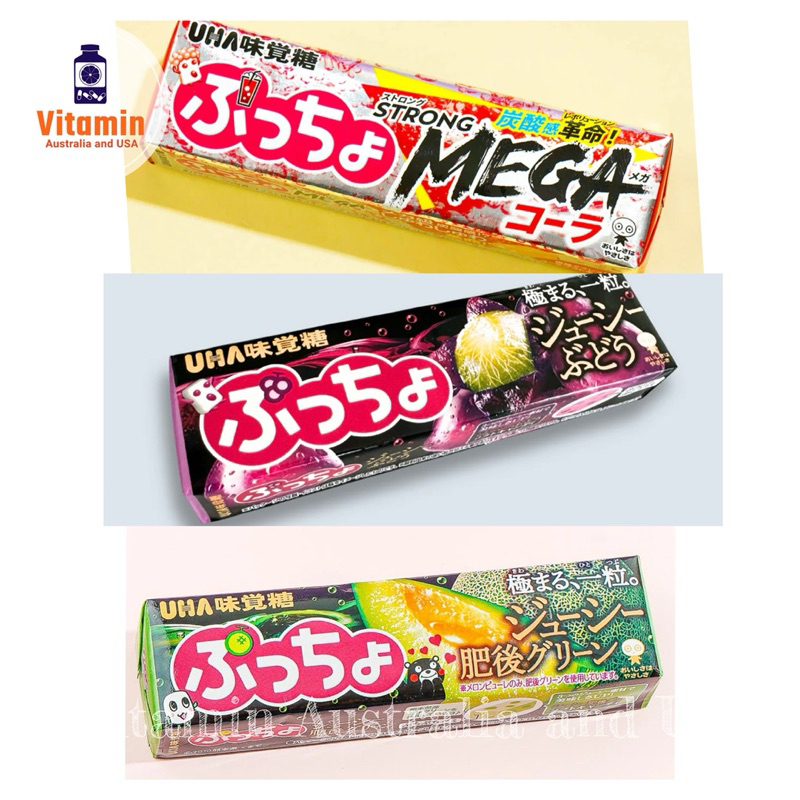 UHA Puccho Chewy Candy Miakakuto ลูกอมเคี้ยวหนึบสอดไส้เยลลี่ รสเมล่อน รสโค้ก แสะรสองุ่น นำเข้าจากญี่