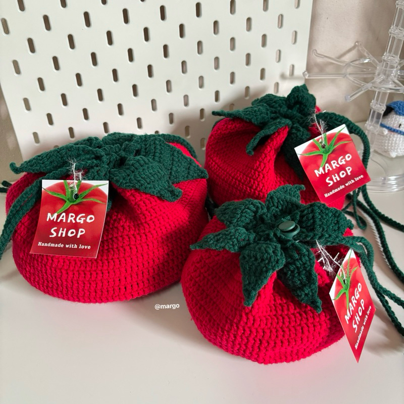 Tomato Pouch Bag 🍅🥫 กระเป๋ามะเขือเทศหูรูดไหมพรม ,กระเป๋ามะเขือเทศ,กระเป๋าไหมพรม,กระเป๋าสะพายข้าง,cross body 🧶