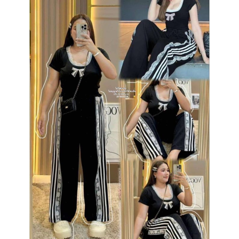 SET เสื้อคอลูกไม้+กางเกงแถบลูกไม้ #เซตสาวอวบ