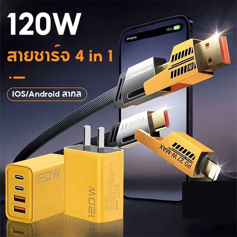 120W ชุดชาร์จเร็ว PD ชาร์จเร็วสุด QC 3.0 Quick charging 2PD + 2USB ( พอร์ต) หัวชาร์จ สําหรับ i15 14 13 12 Micro TYPE-C