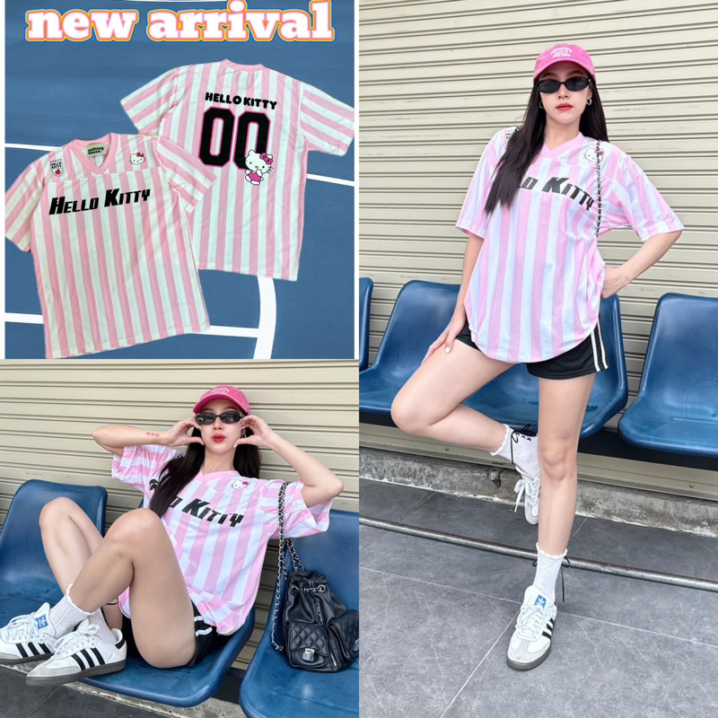 Oversize ลายริ้ว Kitty สกรีนหน้าหลัง ป้ายNothing