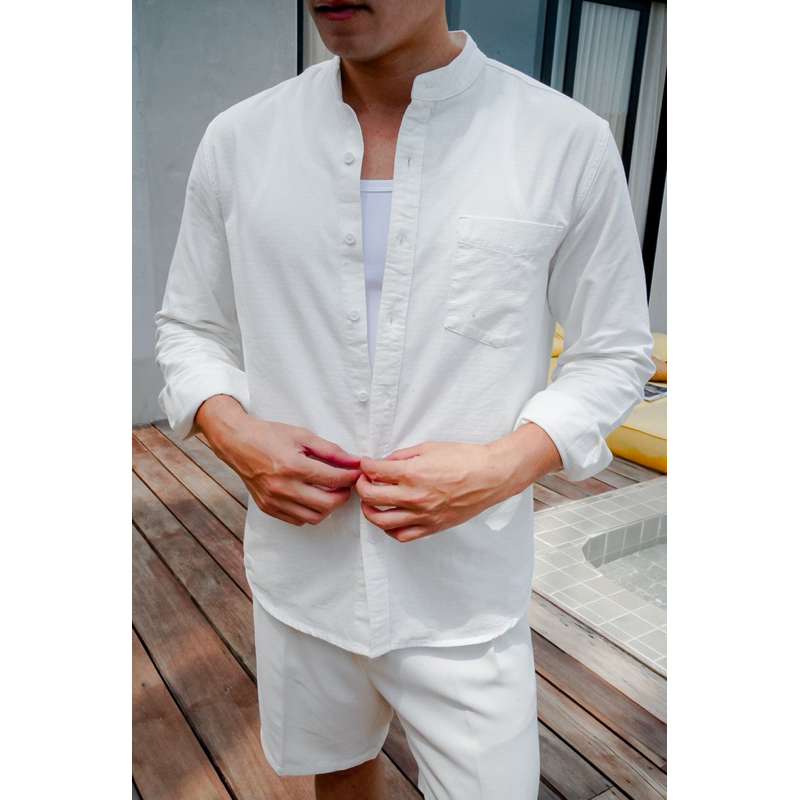 ROBMAN เสื้อเชิ้ตผู้ชายสีขาว มินิมอล คอจีน คอแมนดาริน คอตั้ง ผ้า Cotton Linen เสื้อผู้ชายเกาหลี ผู้ชายสายฝอ RM7002 ผ้าดี