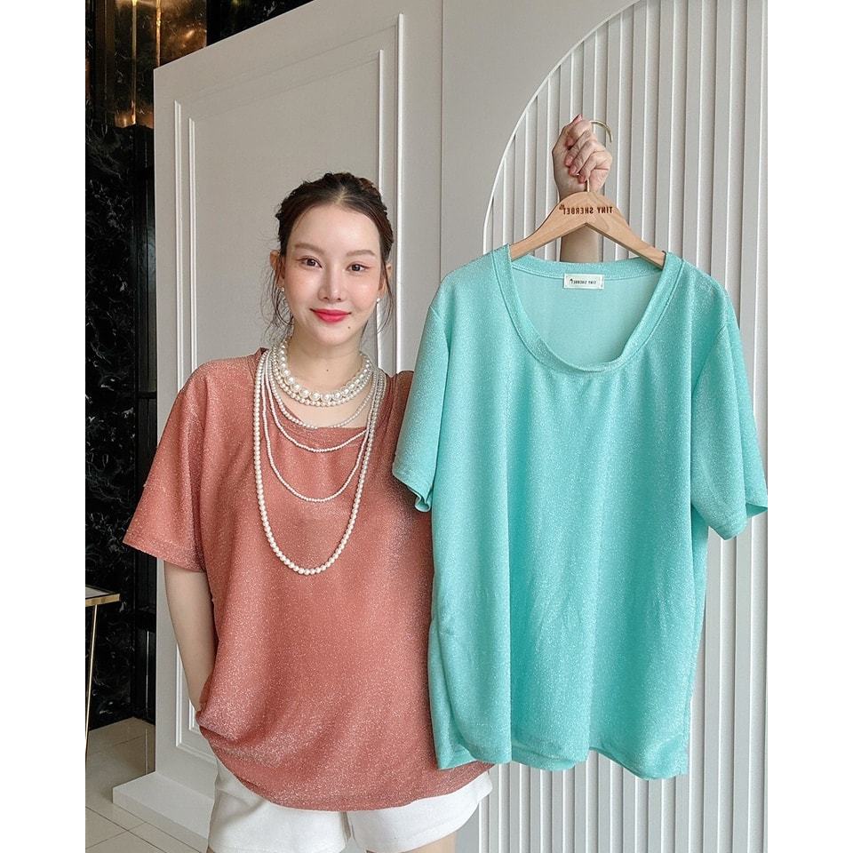 𝗡𝗲𝘄 E59 เสื้อคอกลมแต่งกลิตเตอร์วิ้งๆ เนื้อผ้าบาง เบา สีสวย สดใส อก46+ ยาว27” สวยหรูดูดี ใส่สบายสุด