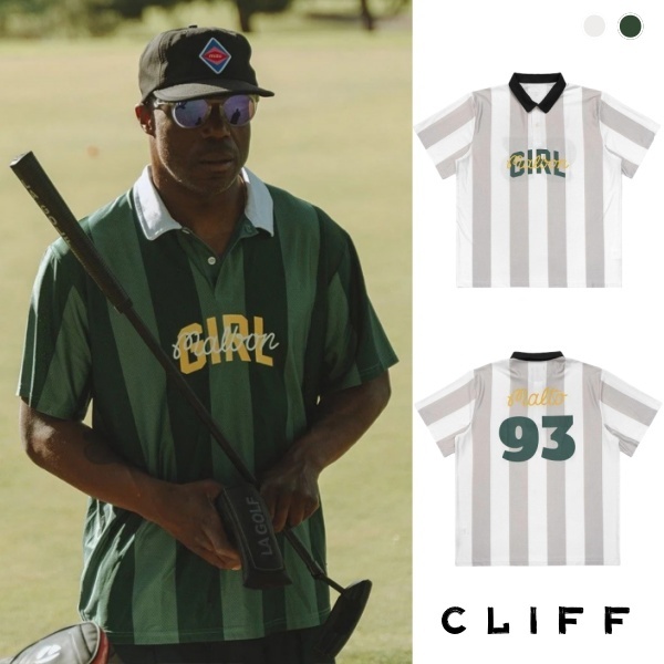 CLIFF เสื้อโปโลผู้ชาย แบบหลวม แขนสั้นลายทาง แนววินเทจ ชุดคู่รัก แมทช์ลุคง่าย สีผสม