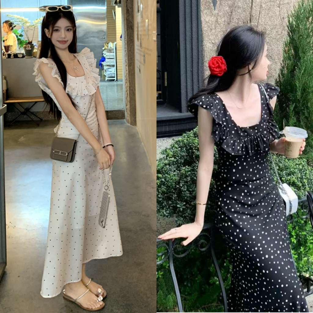 Beryl 🌻 ชุดเดรสลายจุดสไตล์ฝรั่งเศสสำหรับผู้หญิงกระโปรงทรงเอเก็บเอวดูผอมเรียบหรูฤดูร้อนกระโปรงยาวสีขาว