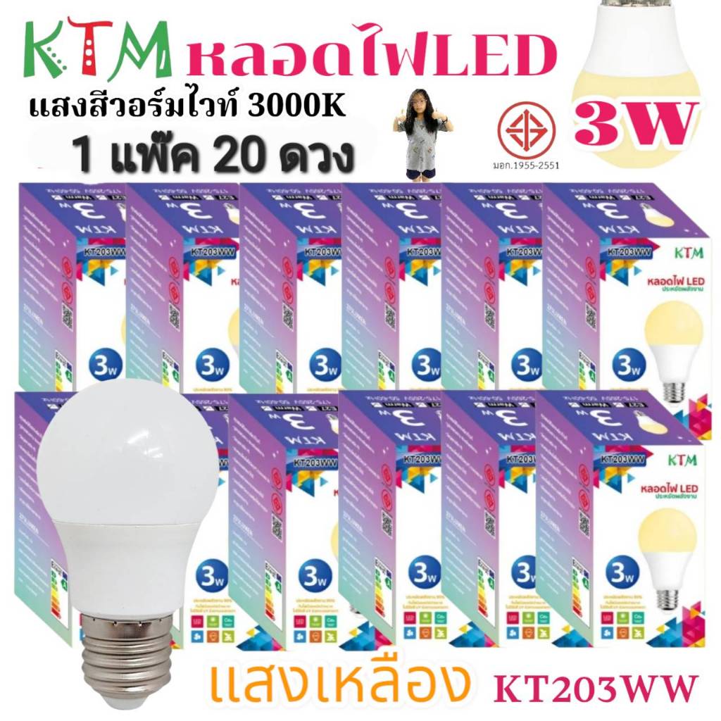 1 แพ๊ค 20 ดวง KT203 หลอดไฟLED 3W ขั้วE27 หลอดปิงปอง Bulb ไฟบ้าน มอก.1955-2551