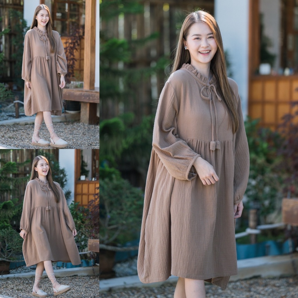 Nana’s Craft เดรสผ้าสาลู 2 ชั้นอัดย่น ชุดเดรส over size เดรสผ้าฝ้ายสาลู