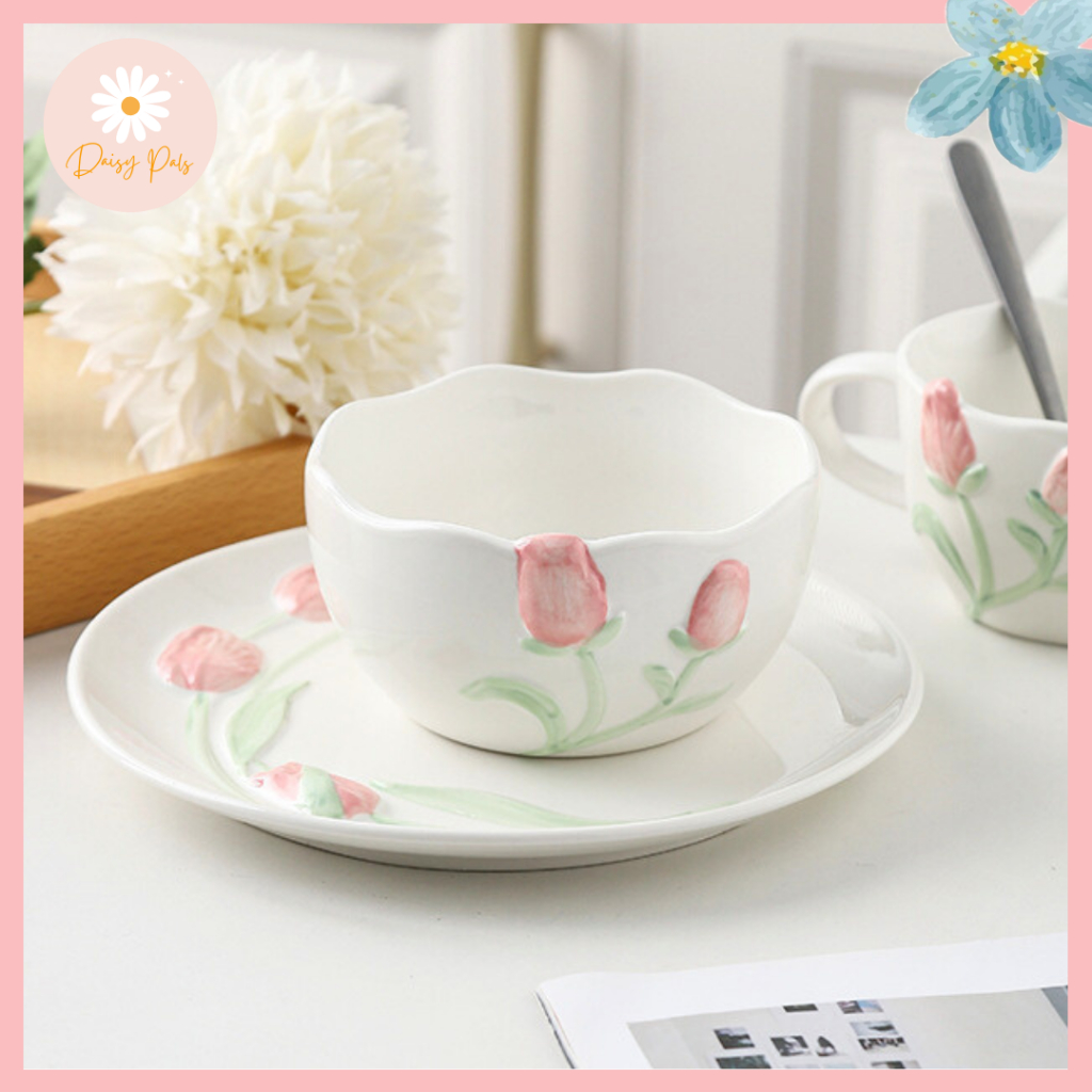 [พร้อมส่ง] จานชามลายดอกทิวลิปสามมิติ Tulip Charm แก้วลายดอกทิวลิปสามมิติ สไตล์มินิมอลเกาหลี น่ารักฟิลดีใจฟู DaisyPals