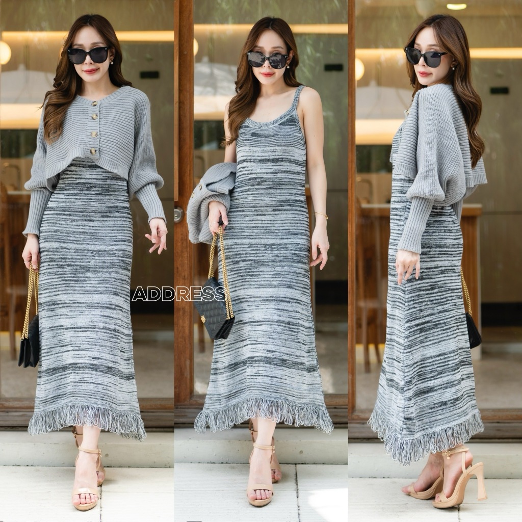 Address เซต 3 ชิ้น น่ารักมากๆค่ะ เซตเดรสกล้ามผ้าพื้นตัวยาว เนื้อผ้านิ่ม ใส่สบาย ยืดหยุ่นได้ CARDIGAN_NISTA​