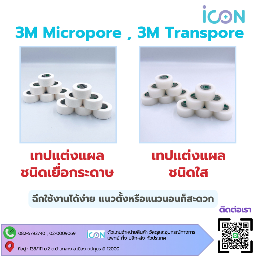 3M Transpore และ 3M Micropore White สีขาว (ขายแยก 1 ม้วน)